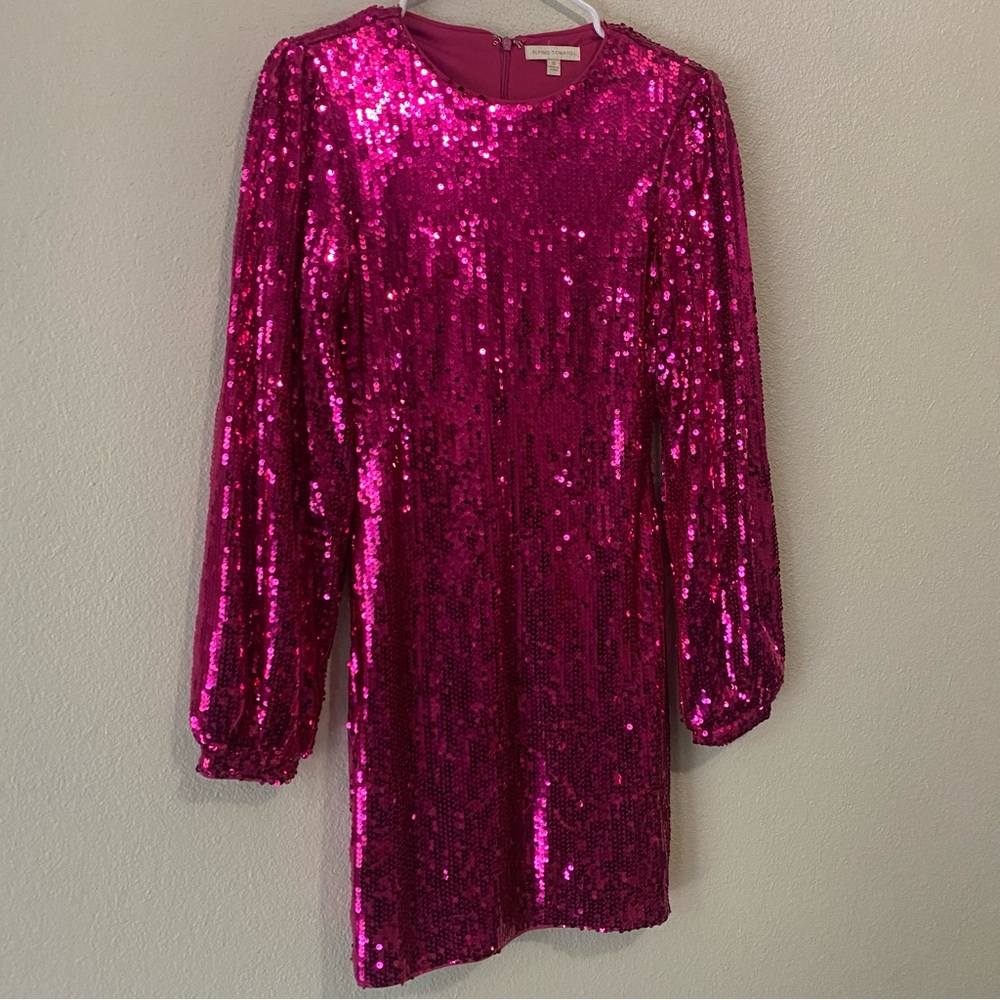 Flying Tomato Set The Tone Sequin Mini Dress Small Pink Long Sleeve Party Glam - Picture 9 of 11
